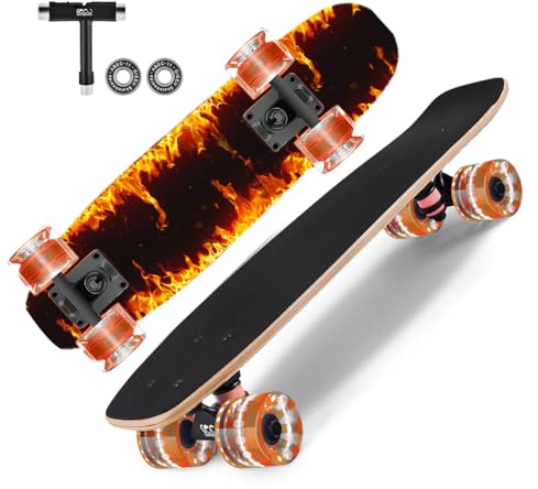 GIEEU Skateboards mit bunten blinkenden Rädern für Anfänger, Kinder, Jugendliche, Erwachsene, komplette Standard-Skateboards, 9 Schichten kanadisches Ahornholz, konkaves Skateboard (X-Fire)