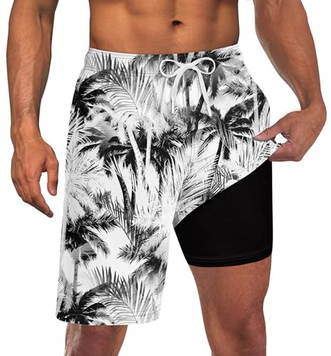 Goodstoworld Men's Swim Suits with Compression Liner Male Swimsuit Trunks 9 Inch Long Palm Tree Board Shorts Stretch Shorts Bathing Suit Party Wear for Beach Surfing Black and White Swimming