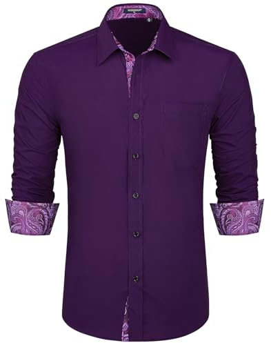 HISDERN Chemises habillées pour Hommes à Manches Longues Classique Coupe régulière Travail de Mariage Chemise sans Repassage avec Poche Violet L