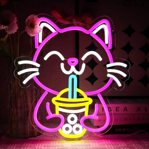 OYCGZV Panneau Boba Cat Neon Lampe Néon à boire Enseigne Néon Chat pour Décoration Murale Enseigne Néon Animalière Enseigne USB à Led pour Bar Magasin Entreprise Boba Tea Party Boutique de boissons