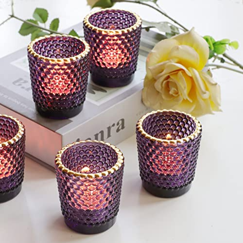 Purple Tea Light Candle Holders Glass with Gold Rim for Halloween Decor | Glass Tealight Holders Set of 12, Tea Light Holders with Honeycomb Pattern for Room and Parties Decor (5.5 cm D x 6 cm H)