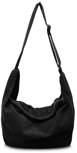 Boziee Unisex Cord Tasche Umhängetasche Schultertasche groß Damen Shopper Tasche Trapez Fashion Stofftasche Tote Bag für Alltag/Büro/Schule/Reisen (Schwarz)