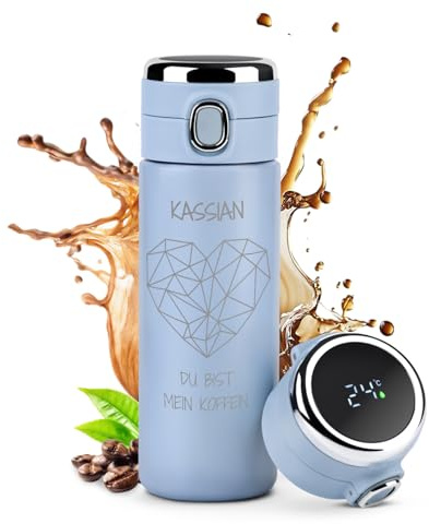 Maverton Trinkflasche mit Gravur 400 ml mit LED-Touch-Anzeige - Thermobecher auslaufsicher 100% dicht - Thermosflasche aus Edelstahl - Reisebecher für Männer - blau - Koffein