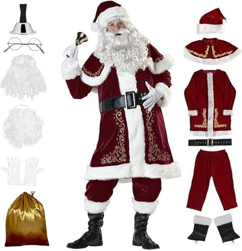 Licus Weihnachtsmann Kostüm Deluxe für Männer Erwachsene, 12-Teilig Nikolauskostüm Santa Claus-Erwachsenenkostüm Cosplay Party Karneval