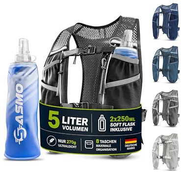 SASMO Gilet da corsa da donna e da uomo, 5 l + 2 x 250, Soft Flask, ultraleggero, 270 g e traspirante, zaino da corsa da donna, 8 tasche, gilet da corsa da uomo, gilet da corsa, zaino da bere