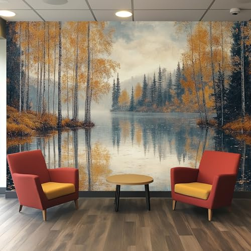 Tapete 3D Fototapete Birken Baum Natur Landschaft See Wald 200 x 140 cm Vliestapete Wandbild Fototapeten, Vlies Tapeten Wandtapete Schlafzimmer, Wohnzimmer, TV Hintergrund Wand Moderne Wanddeko