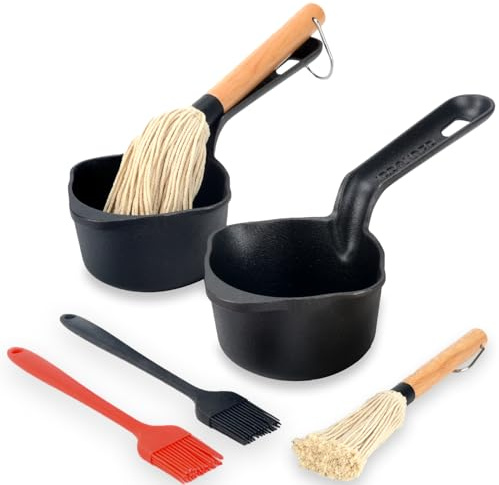 IPROUDER Cast Iron Sauce Pan and Basting Pot with BBQ Mop Brushes - Cast Iron Small Sauce Pots 2 Pcs for Grilling, Melting, Camping Cooking & Stoves - Mini Pot for Butter Melter