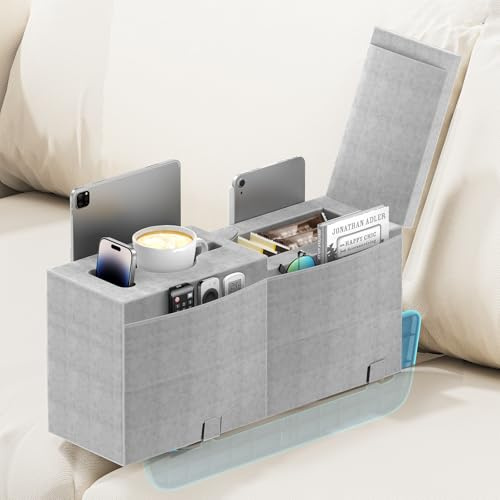 Heyife Couch Cup Holder mit Getränkehalter Sofatablett, großes Sofa Armlehnen Kissen mit Tablett und Couch Tassenhalter, Organizer mit 4 Seitentaschen als Ersatzteil für Sofas – Höhe 24cm Pillow