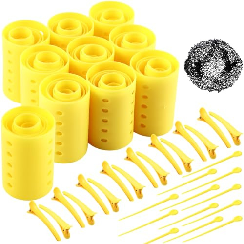 WILLBOND Lot de 141 bigoudis comprenant 60 bigoudis en plastique (jaune, 6 tailles)