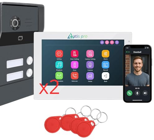 Videoportero ATIS Pro ., Bus 2 Hilos sin polaridad, Monitor táctil de 7 WiFi con deteción de Movimiento Humano,gtabación Video/Foto,con Lector RFID Muy fácil de Instalar (2 Vivienda)