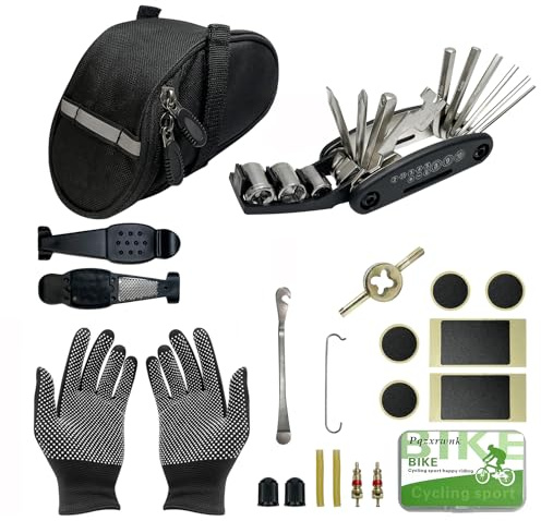 Bike Repair Kit, 21-PC with 16-in-1 Multitool & Saddle Bag - Professional Portable Bicycle Emergency Tool Set for Road & Mountain Bikes - Tire Levers, Patches & Protective Gloves - Cycling Essentials