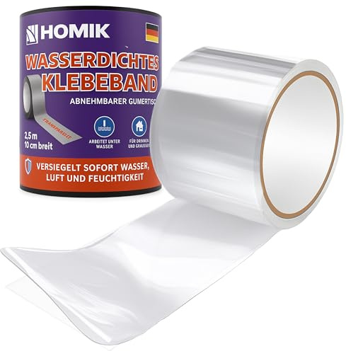 HOMIK Cinta Adhesiva Impermeable Transparente Ultra Fuerte 10 cm x 2,5 m – Cinta de Reparación Impermeable para Superficies Lisas, Cinta de Sellado Resistente al Agua,Resistente a los Rayos UV