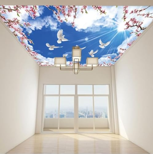 rskjdghshd Carta Da Parati 3D Con Cielo Blu E Nuvole Bianche,Soffitto Del Soggiorno,Sfondo Della Parete,Foresta,Fiori Di Pesco,Piccione Bianco,Soffitto Murale-150Cmx105Cm