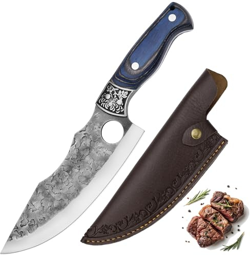 Doklasu Chef Knife 7 inch Japanese Style Kitchen Knife Hand Forged Full Tang High Carbon Steel for Cooking with Blue Coloured Wooden Handle and Sheath