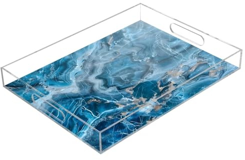 Plateau de service en marbre bleu transparent avec poignées en acrylique anti-déversement, 30,5 x 40,6 cm