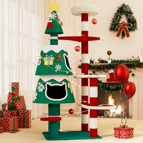 YARUOMY Árbol de Navidad para gatos, torre para gatos de interior con 2 condominios para gatos, poste rascador grueso para gatos, bonitos muebles para gatos con calcomanías temáticas navideñas y luces