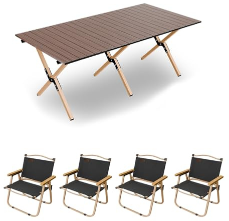 HBOOMOEM Klappbarer Campingtisch Mit StüHlen，Robuster Tisch Und StüHle Im Freien Set ，Geeignet for Camping Im Freien, Picknicks Im Garten Und Catering-Kochen.(Coffee,150CM+4 Chairs)
