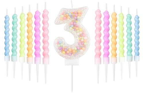 Set de velas de 3 años cumpleaños de Macarón blanco,decoración 3rd de cumpleaños para niños y niñas,número 3 vela para pastel,Vela arco iris para decoración de fiesta de chica chico,Duchas para bebés