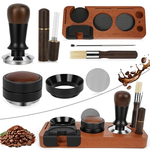 YUNGOO 8 PCS Espresso Accessories Kit, 51mm Espresso Tamper Kit Coffee Tamper Set with Coffee Distributor, Espresso Tamping Station, WDT Tool, Dosing Funnel, Fits Delonghi 51mm Portafilter