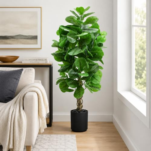 Artificial Plants Indoor 5FT, Faux Fiddle Leaf Fig Tree with Black Pot | Fake Plants with Lifelike Leaves | Realistic Green Silk Floor Plant For Home Living Room Office Entryway Decor