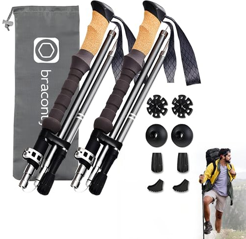 Bastones Trekking Plegables Tipo Z de Aluminio 7075, Ligeros, Ajustables, Empuñadura de Corcho Natural, Bastones de Senderismo, Montaña, Trail, Running, Walking, Hiking y Camino de Santiago (Pack 2).