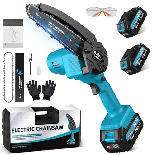 Mini Motosega a Batteria per Potatura con 2x4000mAh Batterie, 6 Pollici Motosega Elettrica con Catena di Ricambio e Pompetta Olio, Sega a Batteria per Potatura per il Taglio del Legno Giardini