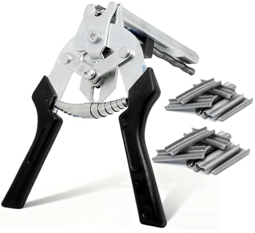 Alicates para Anillos Hog Ring + 1200 Clips Galvanizados, Pinza de Fijación para Redes Metálicas, Vallas, Jaulas de Animales y Tapicería, Herramienta Resistente y Fácil de Usar, Color Negro