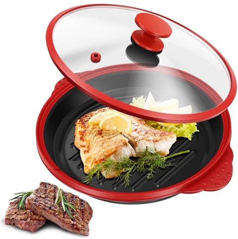 VAVPUP Bistecchiera per forno a microonde con coperchio, con custodia in silicone ispessita, antiaderente, crisper per forno a microonde e formaggio, lavabile in lavastoviglie (rosso)