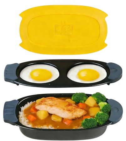 Microwave Egg Cooker & Grill Pan Set, 3 Pcs Breakfast Maker for Grilling, Frying, Crisping Meat, Bacon, Pancakes & Veggies, Dishwasher Safe, Black and Yellow