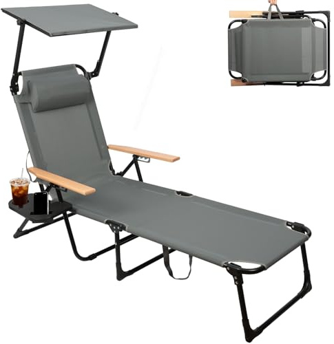 Cozykimo Sonnenliege Klappbar mit Dach, Gartenliege Klappbar Liegestuhl Verstellbarer Rückenlehne, Getränkehalter, Campingliege Faltbar, für Balkon, Terrasse, Camping, Strandliege Leicht