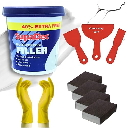 Wall Repair Kit With Wall Filler Ready Mixed for Holes & Gaps 1kg + 40% Free | Rubber Gloves, Plastic Scraper, & Sanding Blocks | Complete DIY Plaster Repair Tools for Cracks, Holes & Surface Prep