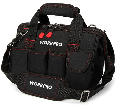 WORKPRO Werkzeugtasche Elektriker 30CM/12, Breite Öffnung & Große Kapazität, Profi Werkzeugtasche mit wasserdichtem Boden & verstellbarem Schultergurt, Schwarz und Rot