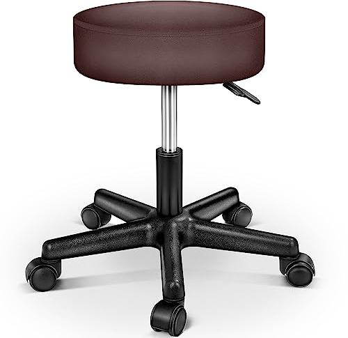 TRESKO Taburete con Ruedas Taburete Giratorio cosmético de Trabajo Consulta, Regulable en Altura, Giratorio en 360°, con Asiento Acolchado de 10 cm y 8 Variantes de Colores (Marrón)