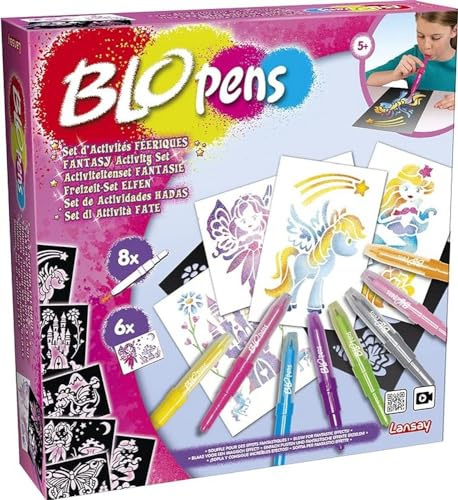 Lansay BLOPENS - Set Activités Féeriques - Feutres de Coloriage À Souffler avec Pochoirs Réutilisables - Idée Cadeau Enfants dès 5 Ans - Kit Création Dessins Fées, Licornes & Sirènes Pailletées