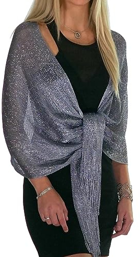 Shawls and Wraps for Evening Dresses, Wedding Shawl Wrap Fringes Scarf for Women Metallic Grey Silver Petal Rose