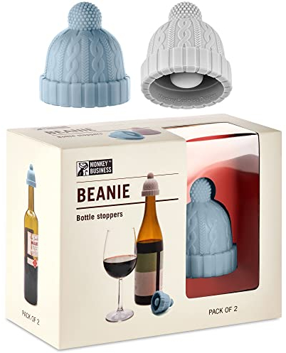 Beanie Cap Decorative Silicone Bottle Stopper in a Gift Box, Set of Two, Novelty Cork, Beverage and Wine Keeper, Champagne Bottle stoppers (Blue & Grey)