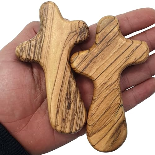 Zuluf Set of 2 Olive Wood Holding Comfort Crosses 4.2 – Holy Land Wooden Prayer Hand Cross – Palm Cross to Hold – Christian Gift with Certificates CRS099