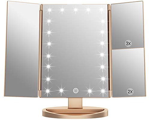 WEILY Espejo de Maquillaje,1x / 2X / 3X Espejo de Maquillaje de Tres Pliegues con 21 Luces LED y Pantalla táctil Ajustable Espejo Iluminado Tocador Espejos cosméticos de encimera (Oro)