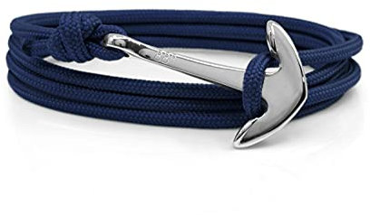 Eighty Eight Degrees Anchor Rope Bracelet for Men & Women Made from Stainless Steel and Durable Rope - Adjustable - Handmade in The UK - (Navy & Silver)