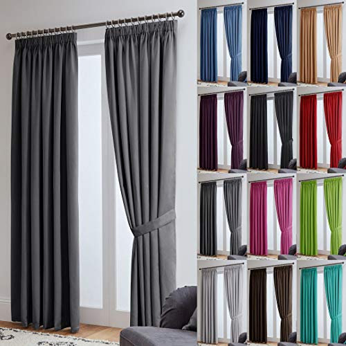 John Aird Blackout Curtains Pencil Pleat with Tie Backs (Grey, W 90 x L 90 (2 Panels) Thermal Energy Saving Curtains for Bedroom & Living Room