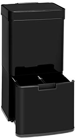 KLARSTEIN Touchless - Black Stainless Steel, poubelle à capteur, 72 L de volume dans 4 récipients : 43 & 2 x 12,5 L, bio-seau avec couvercle : 4 litres, ouverture et fermeture automatique