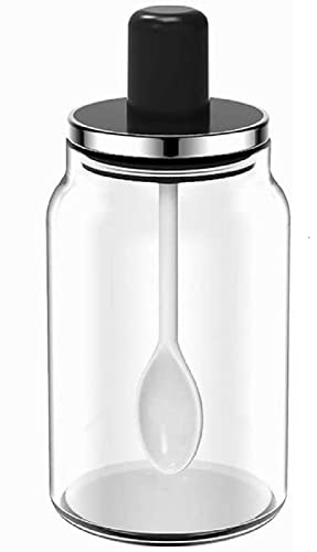 XiaoShenLu Barattolo per spezie con guarnizione a cucchiaio, zucchero, sale, bottiglia di condimento per uso domestico, 220 ml, nero