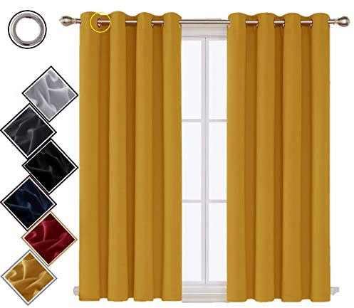 funky gadgets Blackout Curtains for Bedroom Thermal Insulated Blackout Curtains 70 to 90% Light Blocking Eyelet curtains for Living Room 2 Panels, 90 x 54 Inch, Ochre Yellow