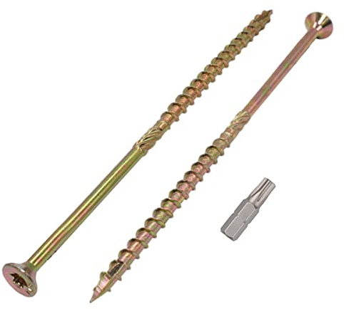 Paquete de 18 unidades. Tornillos para madera de acero galvanizado amarillo de 6 x 180 mm, cabeza Torx, tipo 17, cabeza avellanada, tornillos para aglomerado (18, 6 x 180 mm)