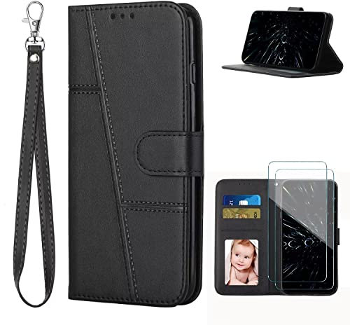xinyunew Kompatibel mit Xiaomi Redmi A1/Redmi A2 2 Stück Panzer Schutz Glas Hülle, Handyhülle Redmi A1 Leder Klappbar Schutzhülle Tasche Wallet Cover Flip Case für Redmi A2 Klapphülle (Schwarz)