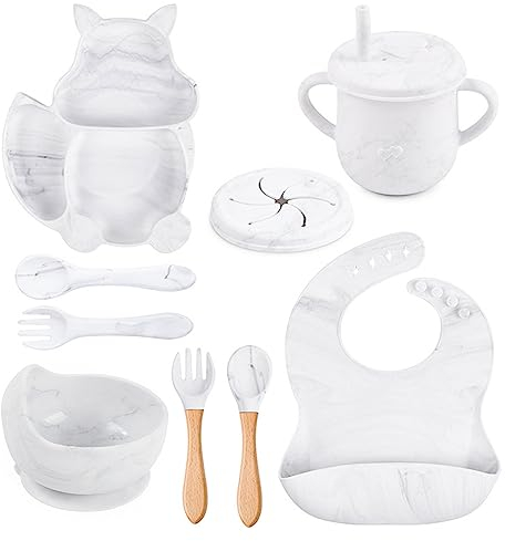 Kinderteller Sets 9 Stück Baby Geschirr Set Silikon Baby Teller Sets BPA Frei Rutschfestes Baby Kindergeschirr Set mit Saugnapf Lätzchen Löffel Gabel Schüssel für Kinder, Kleinkinder, Baby