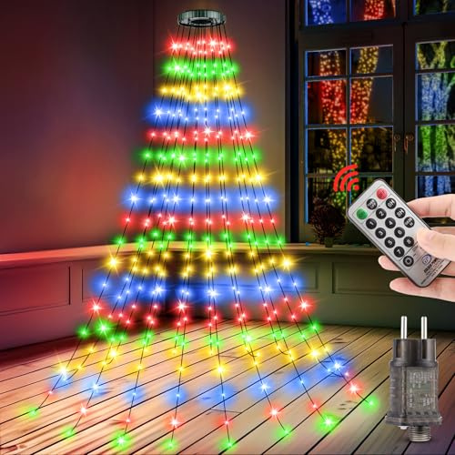 Christbaumbeleuchtung mit Ring - 3.0M 16 Stränge 480LED Wasserdicht Lichterkette Weihnachtsbaum Außen Innen, Weihnachtsbeleuchtung mit Fernbedienung 8 Modi Memory Timerfunktion Christbaum Dekoration