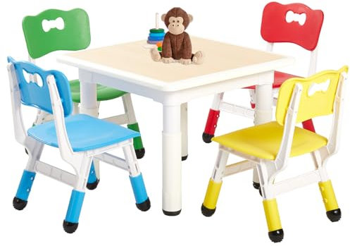 FUNLIO Kids Table and 4 Chairs Set for Ages 3-8, Height Adjustable Toddler Table and Chair Set, Easy to Wipe Arts & Crafts Table, for Classrooms/Homes/Daycares, CPC & CE Approved(5 pcs set)-Multicolor