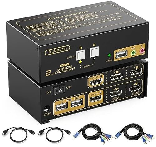 KVM Switch 2 PC 2 Monitore, 4K 30Hz HDMI KVM Switch Utilizzato per 2 computer per condividere 2 display e 3 dispositivi USB, Switch KVM con Uscita Microfono Audio e Tasto di Scelta Rapida black