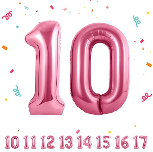 10 Geburtstag Deko zahlen luftballon 10 jahre | Folienballon Rosa - für 10. Geburtstagsdeko Männer Frauen Ballon Zahl Deko zum Geburtstag fliegt mit Helium 10.Geburtstagsparty 40-101cm